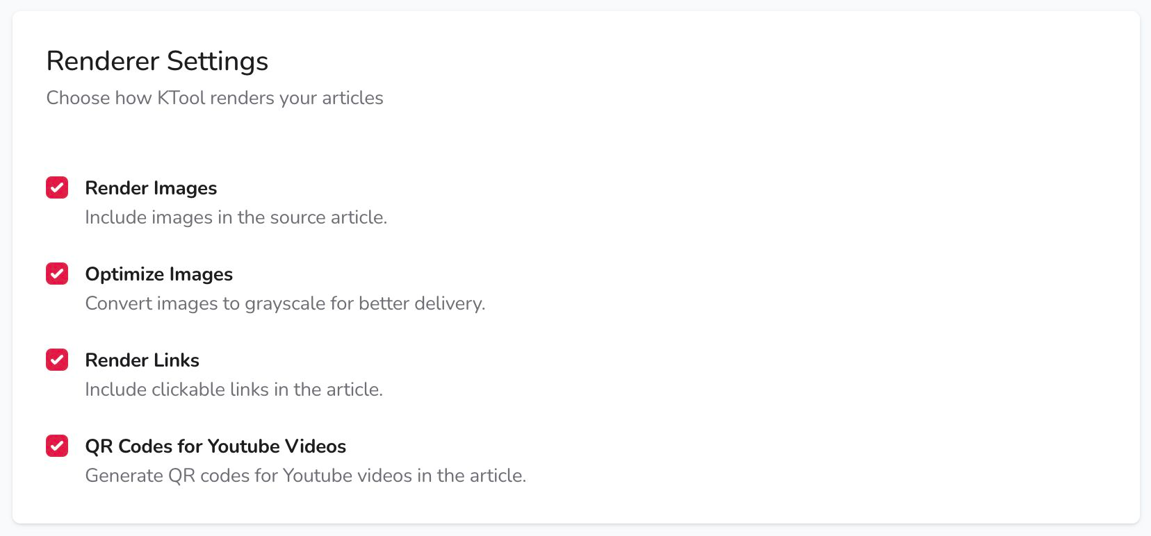 Renderer Settings with Render Images, Optimize Images, Render Links, and YouTube QR code checkboxes
